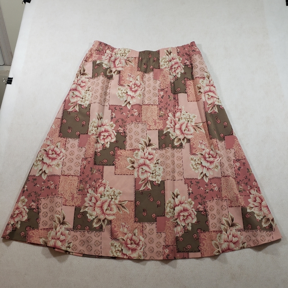 Vintage Bon worth Boho skirt Pull On pink floral flowy patchwork Knee length